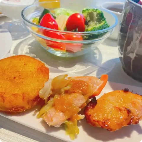 写真：朝食 北海道ポテト餅&ちゃんちゃん焼き&新子焼